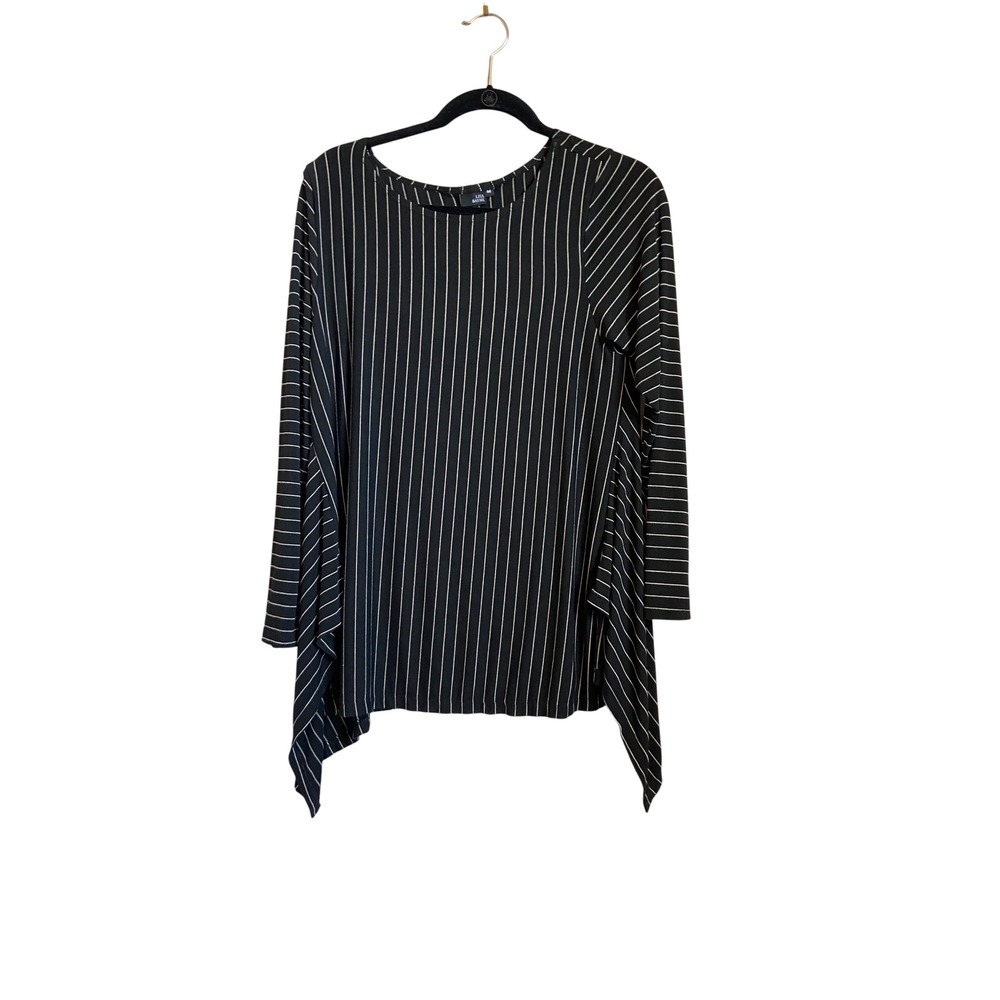 Lisa Bayne Womens‎ Pinstripe Sharkbite Hem Tunic Top Black White Long Sleeve M